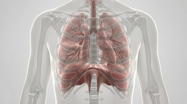 Unveiling the delicate internal architecture of the human chest, showcasing the vital lungs nestled within the protective rib cage