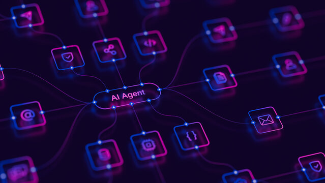 AI workflow automation artificial intelligence agent software interface nodes triggers data tool dashboard coding icon flow process database technology 3d rendering.