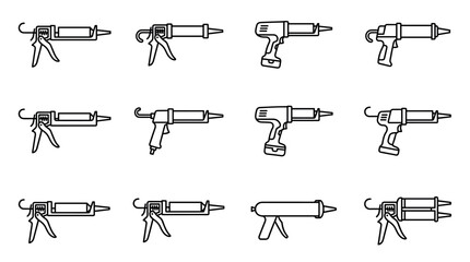 Caulking gun and sealant applicator icons set in a minimalist black line art style showing various manual, electric, and pneumatic tool designs for construction and repair