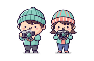 Fototapeta premium Cute Kids Boy and Girl Photographer Cartoon Character Vector Illustration