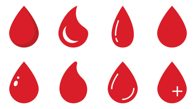 Collection of red blood drop icons in various simple shapes and styles for medical and donation concepts, including one with a plus sign, presented in a flat vector illustration set