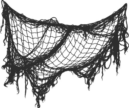 Tattered Fishing Net Draped Vintage Nautical Illustration.