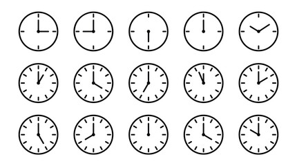 Set of black line art clock icons showing different times of the day in a minimalist vector style, representing schedules, deadlines, and time management concepts