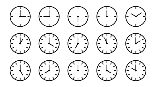 Set of black line art clock icons showing different times of the day in a minimalist vector style, representing schedules, deadlines, and time management concepts
