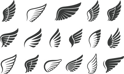 Set of diverse bird and angel wings silhouette icons, elegant feather wings for heraldry and logos © MdMajnur