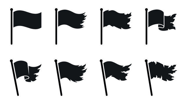 Set of eight black flag icons on flagpoles showing a progression from a new waving banner to a completely tattered, ripped, and weathered symbol