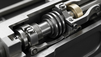 Fototapeta premium Detailed close-up of a complex silver metal mechanism with a golden cylindrical element, showcasing precision engineering and intricate design