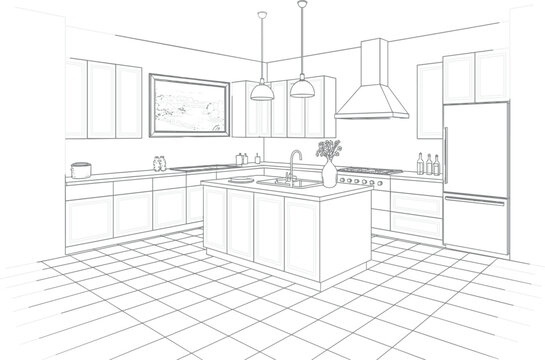 Modern kitchen interior design sketch with island counter, cabinets, pendant lights, and appliances in outline vector style