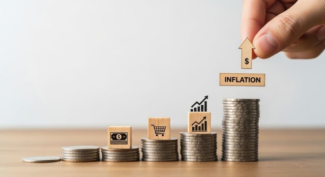 Hand placing 'INFLATION' block on a growing stack of coins, illustrating rising economic costs and market trends impacting financial stability and consumer spending