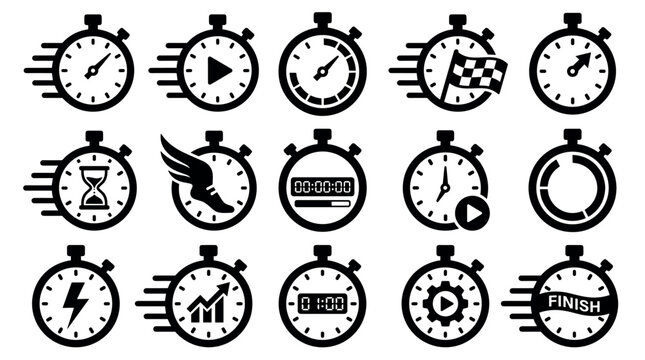 Set of black stopwatch and timer icons representing speed, deadlines, and progress in a minimalist flat vector style for business and sports concepts