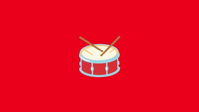 Seamless infinite looping 2D flat motion graphic. Snare drum repeatedly being hit in perfect bouncy rhythm by two drumsticks.  Solid bright red background, clean classic flat emoji style.