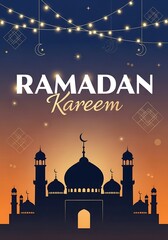 Ramadan kareem illustration silhouette mosque with string lights against sunset