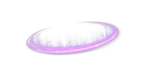 Obraz premium A glowing purple portal ring with a soft haze and energy lines, a tilted elliptical light effect, isolated on a transparent PNG background.