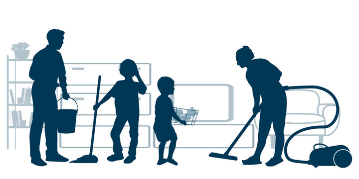Family silhouettes. Parents and children cleaning the house. Vector illustration	
