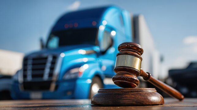 Close-Up View of a Gavel on a Table with a Blue Truck in the Background, Emphasizing Justice and Transportation Industry Themes