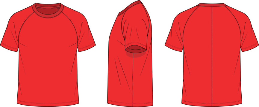 Men red t shirt technical flat sketch, front side back view, raglan sleeve fashion CAD vector, sports apparel illustration