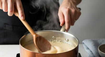 Fototapeta premium Person stirring hot liquid in a copper pot