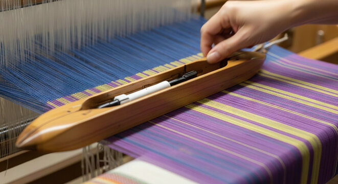 Person weaving colorful fabric on a loom
