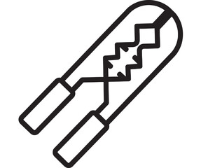 Electrical cable cutaway icon showing broken wires and damaged insulation, minimalist black outline vector symbol for power failure, short circuit, repair and safety signage