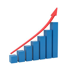 Growing success graph with upward red arrow isolated on transparent background