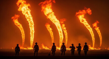 Fototapeta premium Firefighters battling a large wildfire at night