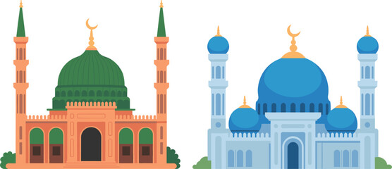 Traditional Islamic mosque buildings vector illustration set, colorful masjid architectures with domes and minarets for religious holiday design © MdMajnur