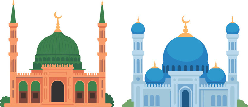 Traditional Islamic mosque buildings vector illustration set, colorful masjid architectures with domes and minarets for religious holiday design