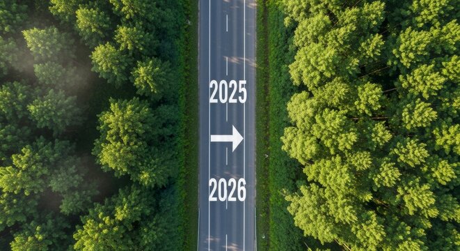 Aerial view of a road with 2025 and 2026 markings and an arrow pointing forward, surrounded by lush green trees