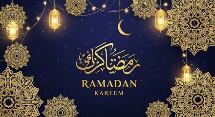 Ramadan kareem illustration with decorative lanterns and crescent moon design