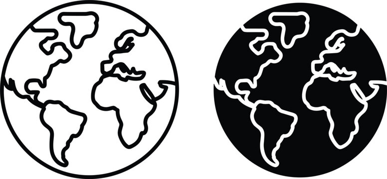 Earth globe world map line and solid icon set, global geography and travel concept for international business