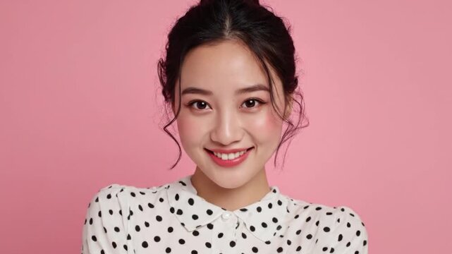 A young woman smiles wearing a polkadot blouse against a pink backdrop Her hair is styled up