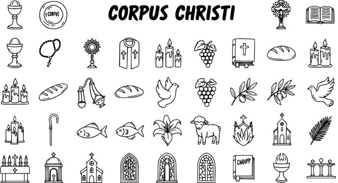 Christian Religious Symbols Line Art Collection. Hand-drawn Catholic and Christian Doodle Icons for Faith, Worship, and Holy Communion