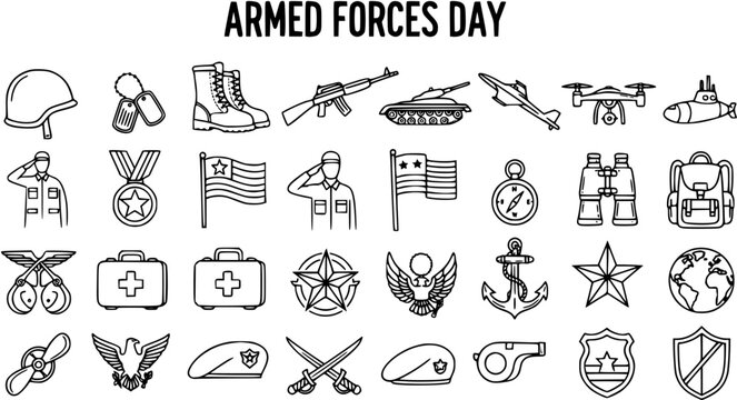 Armed Forces Military Icons Set: Black and White Outline Line Art Doodle of Army, Navy, Air Force Equipment, Vehicles, and Symbols for Armed Forces Day