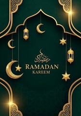 Ramadan kareem illustration with golden crescent moons and lanterns