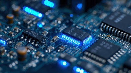 High tech silver circuit board with glowing blue electronic indicators. Semiconductor hardware engineering and modern computer chip technology for industrial electronics manufacturing concept.