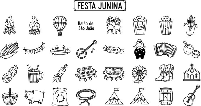 Festa Junina Black  White Line Art Icons Set. Traditional Brazilian June Festival Celebration Elements including Food, Music, Decorations, and Rural Objects.