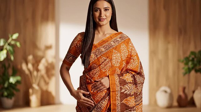 Elegant indian saree fashion portrait posing professional woman indoors