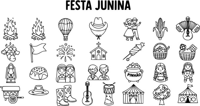Festa Junina Black and White Line Art Icons Set - Traditional Brazilian Celebration Elements