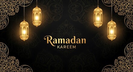 Ramadan kareem illustration with golden lanterns and ornament design