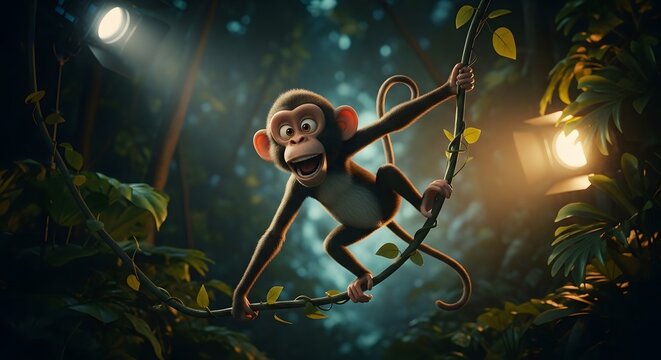 Cheerful cartoon monkey swinging on a vine in a jungle setting