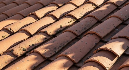 Detailed view of vintage clay roof tiles with visible wear and shadows