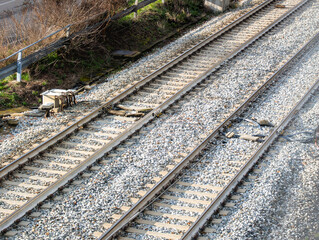 Railroad tracks close-up in a sunny day