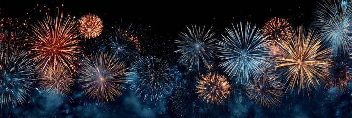 Festive Blue Night Sky with Fireball Fireworks and Glowing Particles New Year Celebration