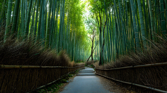 A serene pathway winds through a dense bamboo forest with tall green stalks and natural light filtering through the trees.