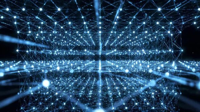 Network of interconnected nodes and lines in a futuristic digital landscape.
