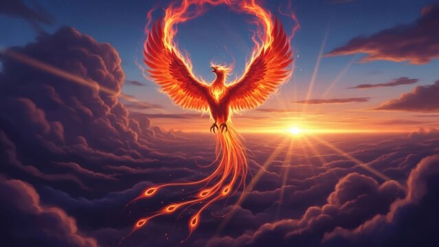 Phoenix Rising from Flames at Sunset.