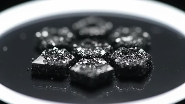 Macro shot of silver nanoparticles and clusters on black background, scientific research.