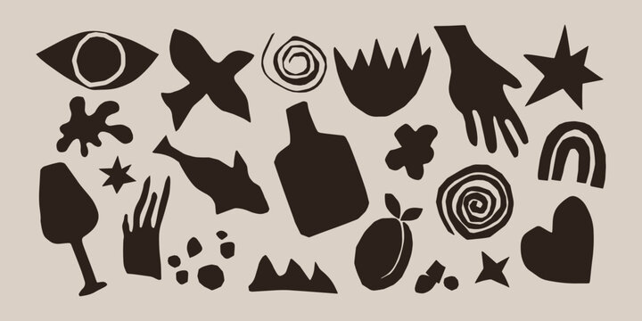Curly shapes. Set in Kids Naive Art Style. Abstract Geometric. Cut Paper Collage Figures in Black: hearts, rainbows, birds, flowers, stars, fish for patterns, templates, design,social media.