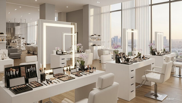 Bright and modern makeup studio interior with white furniture, illuminated mirrors and professional cosmetics displayed