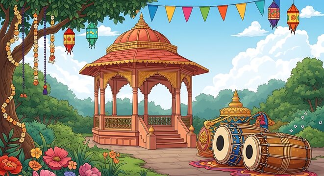 A festive outdoor celebration scene featuring a traditional golden gazebo, dhol drums, and colorful hanging lanterns in a garden.